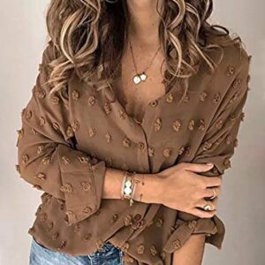 Astylish Womens Soft Cuffed Sleeve Pompom Collar Shirts Long Plus Size Button Down Blouse Tops Brown Small