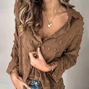 Astylish Womens Soft Cuffed Sleeve Pompom Collar Shirts Long Plus Size Button Down Blouse Tops Brown Small