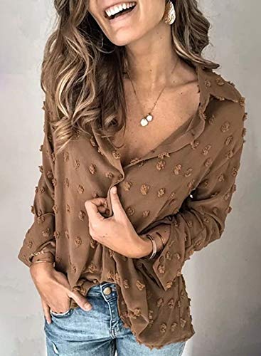 Astylish Womens Soft Cuffed Sleeve Pompom Collar Shirts Long Plus Size Button Down Blouse Tops Brown Small