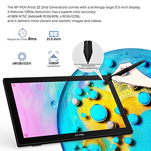 Drawing Tablet with Screen XPPen Artist 22 2nd Computer Graphics Tablet 122% sRGB with 8192 Levels Tilt Function Battery-Free Stylus, 21.5inch Pen Display Compatible with Windows, Mac, Linux