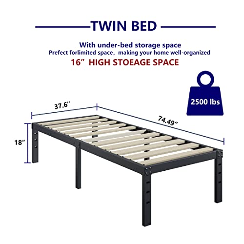 ZIYOO Twin Bed Frame 18 Inches Tall 3 Inches Wide Wood Slats with 2500 Pounds Support, No Box Spring Needed for Foam Mattress, Underbed Storage Space, Easy Assembly, Noise Free
