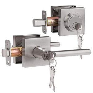 hosom entrance door lock set with single cylinder deadbolts combo pack, modern slim square door lever for exterior and interior door, satin nickel