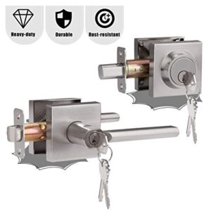 HOSOM Entrance Door Lock Set with Single Cylinder Deadbolts Combo Pack, Modern Slim Square Door Lever for Exterior and Interior Door, Satin Nickel