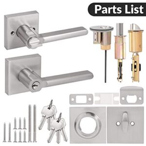 HOSOM Entrance Door Lock Set with Single Cylinder Deadbolts Combo Pack, Modern Slim Square Door Lever for Exterior and Interior Door, Satin Nickel