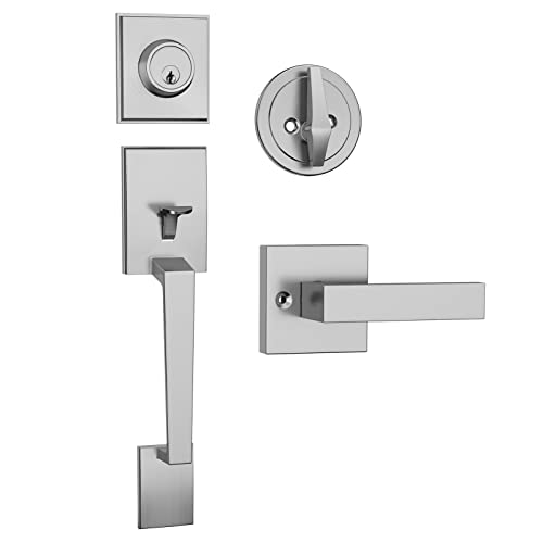 HOSOM Front Door Handle Set, Exterior Door Lock Set with Deadbolt, Single Cylinder, Reversible for Right and Left Handed Doors, Satin Nickel