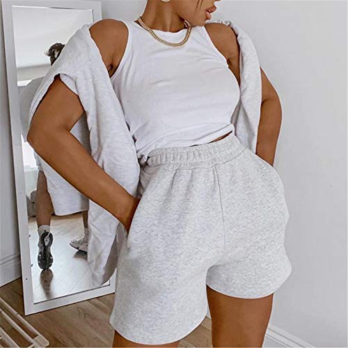 Yuemengxuan Women Girl Casual Sports Summer Shorts Elastic Waist Athletic SweatShorts Tracksuit Workout Bottoms Y2k Shorts with Pockets (Solid Grey, Large)