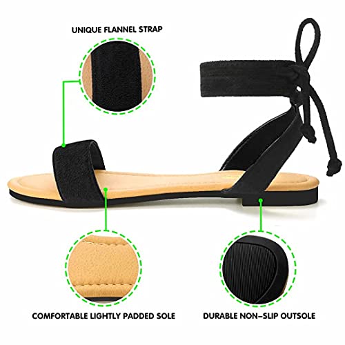 DAYDAYGO Sandals for Women - Womens Comfortable Open Toe Ankle Wrap Lace Up Flat Sandals - Women’s Sandal Ankle Tie Up Black Size 11