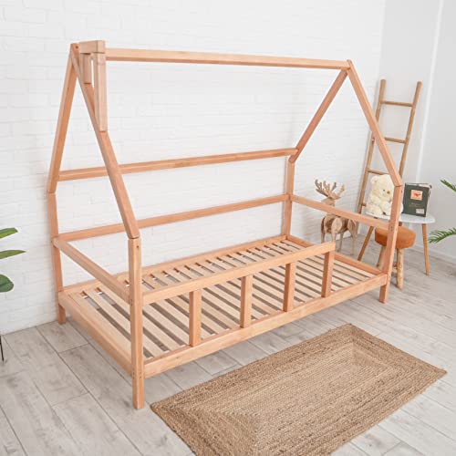 BUSYWOOD Montessori Bed For Toddlers - Wooden House Bed Frame - Twin Bed - Bed Montessori (Model 1, Natural tree, with Legs & Slats)