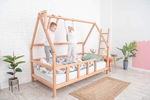 BUSYWOOD Montessori Bed For Toddlers - Wooden House Bed Frame - Twin Bed - Bed Montessori (Model 1, Natural tree, with Legs & Slats)