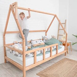 BUSYWOOD Montessori Bed For Toddlers - Wooden House Bed Frame - Twin Bed - Bed Montessori (Model 1, Natural tree, with Legs & Slats)