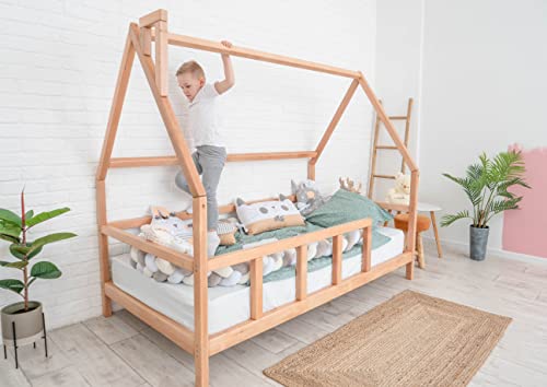 BUSYWOOD Montessori Bed For Toddlers - Wooden House Bed Frame - Twin Bed - Bed Montessori (Model 1, Natural tree, with Legs & Slats)