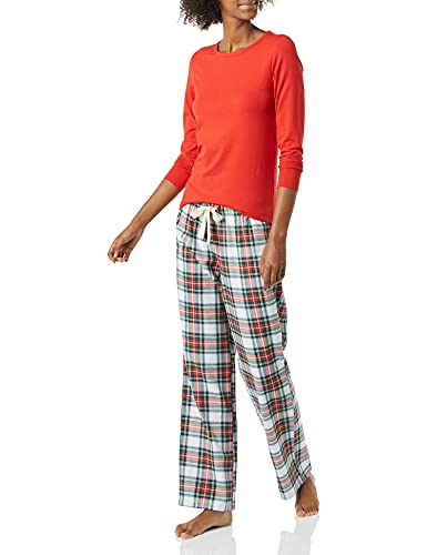 Amazon Essentials Women's Lightweight Flannel Pant and Long-Sleeve T-Shirt Sleep Set (Available in Plus Size), Red Tartan, Large