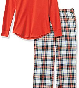 Amazon Essentials Women's Lightweight Flannel Pant and Long-Sleeve T-Shirt Sleep Set (Available in Plus Size), Red Tartan, Large