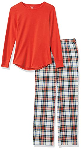 Amazon Essentials Women's Lightweight Flannel Pant and Long-Sleeve T-Shirt Sleep Set (Available in Plus Size), Red Tartan, Large