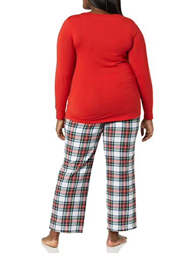 Amazon Essentials Women's Lightweight Flannel Pant and Long-Sleeve T-Shirt Sleep Set (Available in Plus Size), Red Tartan, Large