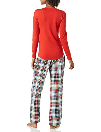 Amazon Essentials Women's Lightweight Flannel Pant and Long-Sleeve T-Shirt Sleep Set (Available in Plus Size), Red Tartan, Large