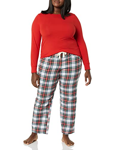 Amazon Essentials Women's Lightweight Flannel Pant and Long-Sleeve T-Shirt Sleep Set (Available in Plus Size), Red Tartan, Large