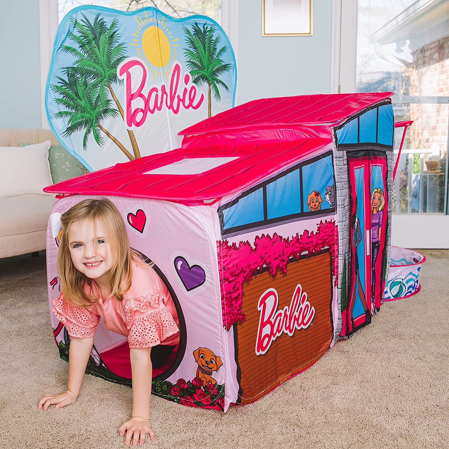 Sunny Days Entertainment Barbie Dreamhouse Pop Up Tent - Over 7 Feet Long - Includes Ball Pit and 20 Play Balls