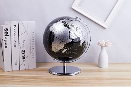 ANNOVA Metallic World Globe Black – Educational/Geographic/Modern Desktop Decoration - Stainless Steel Arc and Base/Earth World - Metallic Black - for School, Home, and Office (10-Inch)