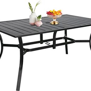 SOLAURA Outdoor Dining Table, 60" x 38" Patio Metal Steel Slat Table for 6-Person with 1.57" Umbrella Hole, for Gardens or Backyards, Black