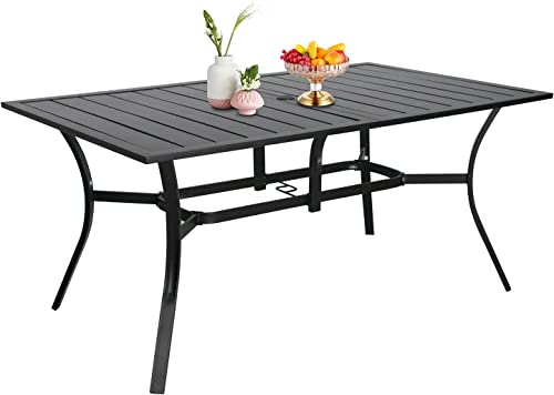 SOLAURA Outdoor Dining Table, 60" x 38" Patio Metal Steel Slat Table for 6-Person with 1.57" Umbrella Hole, for Gardens or Backyards, Black