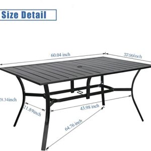 SOLAURA Outdoor Dining Table, 60" x 38" Patio Metal Steel Slat Table for 6-Person with 1.57" Umbrella Hole, for Gardens or Backyards, Black