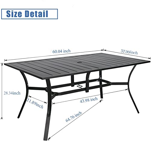 SOLAURA Outdoor Dining Table, 60" x 38" Patio Metal Steel Slat Table for 6-Person with 1.57" Umbrella Hole, for Gardens or Backyards, Black