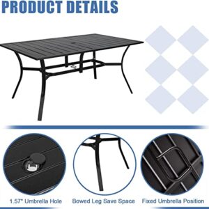 SOLAURA Outdoor Dining Table, 60" x 38" Patio Metal Steel Slat Table for 6-Person with 1.57" Umbrella Hole, for Gardens or Backyards, Black