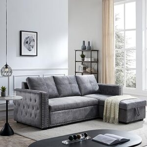 morden fort sleeper sectional sofa [large size] reversible storage l-shape chaise 3 seat sectional couch with put out bed velvet gray