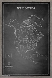 trends international chalk map-north america wall poster, 22.375" x 34", barnwood framed version