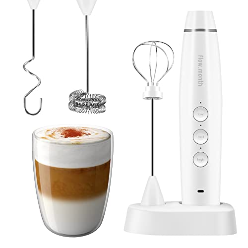 Milk Frother Handheld Foam Maker for Lattes Electric Whisks Rechargeable Drink Mixer Beater with 3 Heads for Bulletproof Coffee Cappuccino Frappe Matcha Hot Chocolate(White 3.0)