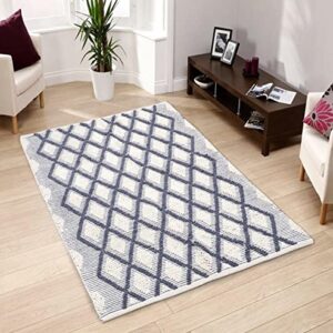 Home Talk Store Wool Area Rug | Handcrafted Traditional Rugs | Non-Skid Carpet | Modern Indoor Shag Rugs for Bedroom, Home Décor, Dining Room | Wool Mats | 4’x 6’ | White & Navy
