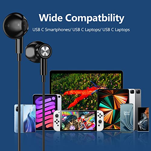 USB C Headphones for iPhone 15, YUANBAI USB C Earbuds with Microphone Noise Isolation Stereo Wired Semi in-Ear Earphones for Samsung Z Fold3 5G S21 S22 Ultra S20 FE OnePlus 9 Google Pixel 6 iPad Pro