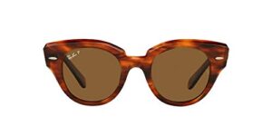 ray-ban women's rb2192f roundabout low bridge fit round sunglasses, striped havana/polarized brown, 47 mm