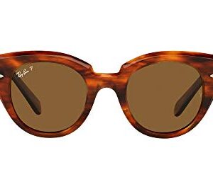 Ray-Ban Women's Rb2192f Roundabout Low Bridge Fit Round Sunglasses, Striped Havana/Polarized Brown, 47 mm