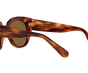 Ray-Ban Women's Rb2192f Roundabout Low Bridge Fit Round Sunglasses, Striped Havana/Polarized Brown, 47 mm