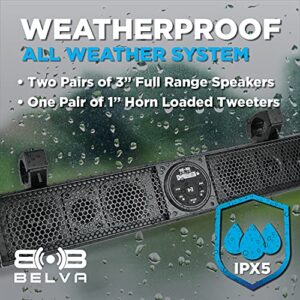 BELVA BASB26 26” Wide IPX5 Weatherproof Marine UTV ATV Sound Bar, Four 3" Speakers, Two 1" Tweeters, Built-in Amplifier, AUX Input, USB Input, Bluetooth Audio and Wireless Remote