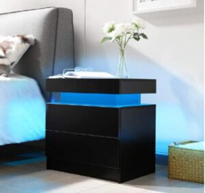 i-aplus bedside table with 2 drawers, led nightstand wooden cabinet unit with lights for bedroom, living room, black