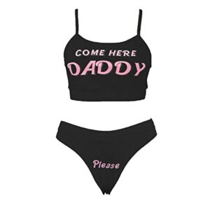 sexy women come here daddy please print strappy lingerie set 2pcs see tank tops and panty sets pajamas sleepwear (black, m)