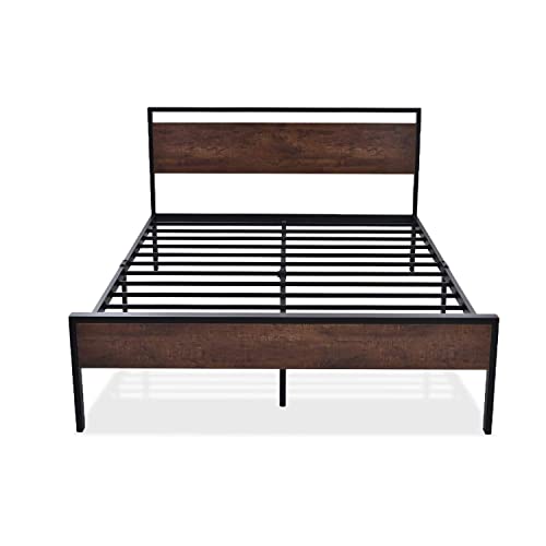 Allewie Full Size Platform Bed Frame with Wooden Headboard and Footboard, Heavy Duty 12 Metal Slats Support, No Box Spring Needed, Under Bed Storage, Non-Slip, Noise Free, Easy Assembly, Mahogany