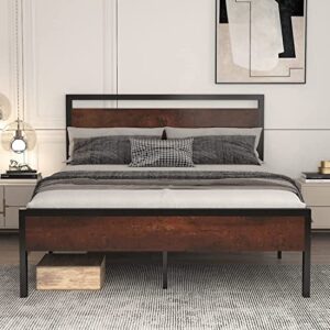 allewie full size platform bed frame with wooden headboard and footboard, heavy duty 12 metal slats support, no box spring needed, under bed storage, non-slip, noise free, easy assembly, mahogany