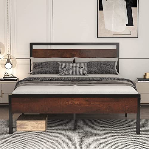 Allewie Full Size Platform Bed Frame with Wooden Headboard and Footboard, Heavy Duty 12 Metal Slats Support, No Box Spring Needed, Under Bed Storage, Non-Slip, Noise Free, Easy Assembly, Mahogany