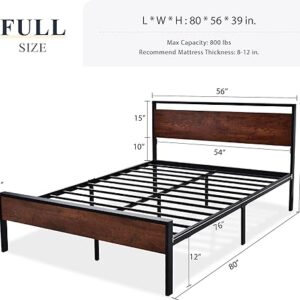 Allewie Full Size Platform Bed Frame with Wooden Headboard and Footboard, Heavy Duty 12 Metal Slats Support, No Box Spring Needed, Under Bed Storage, Non-Slip, Noise Free, Easy Assembly, Mahogany