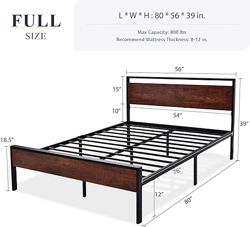 Allewie Full Size Platform Bed Frame with Wooden Headboard and Footboard, Heavy Duty 12 Metal Slats Support, No Box Spring Needed, Under Bed Storage, Non-Slip, Noise Free, Easy Assembly, Mahogany