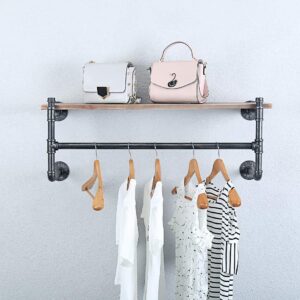 wjj industrial pipe clothing rack wall mounted with real wood shelf,pipe shelving floating shelves wall shelf,rustic retail garment rack display rack, 36in steam punk commercial clothes racks