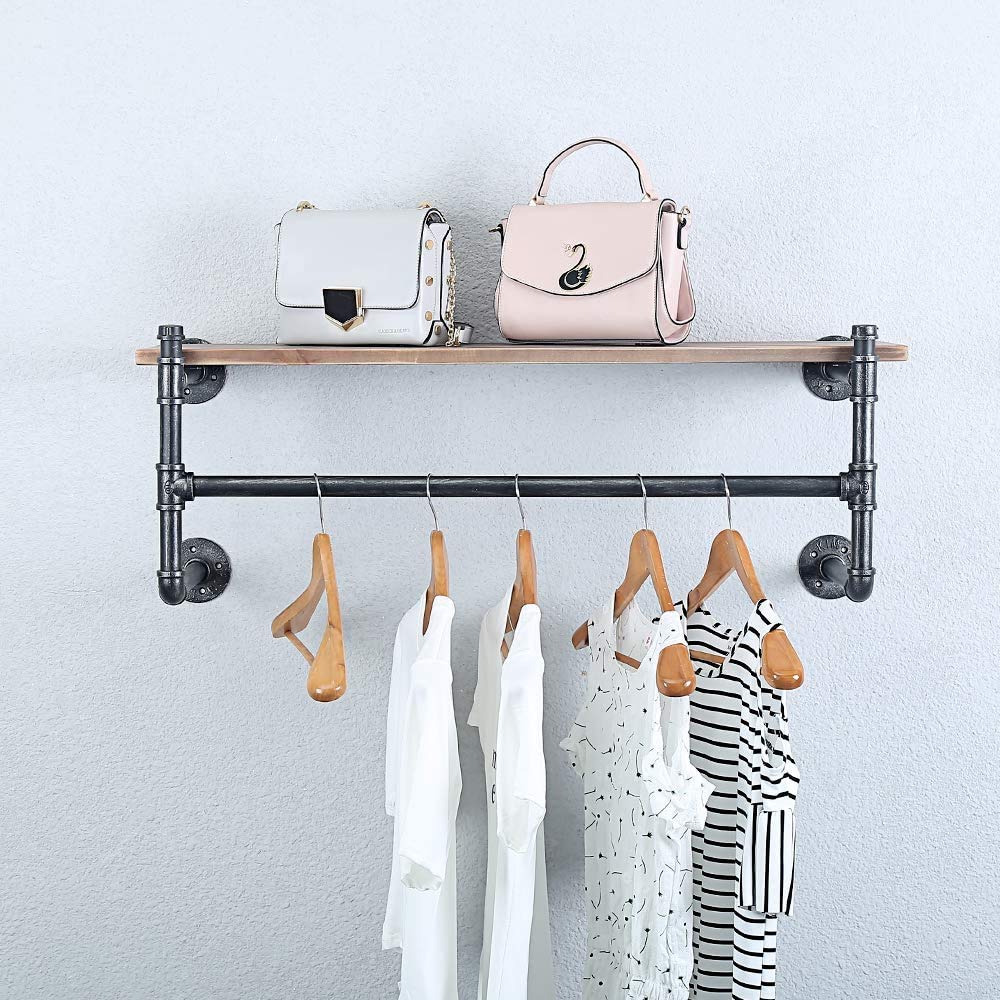 WJJ Industrial Pipe Clothing Rack Wall Mounted with Real Wood Shelf,Pipe Shelving Floating Shelves Wall Shelf,Rustic Retail Garment Rack Display Rack, 36in Steam Punk Commercial Clothes Racks