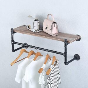 WJJ Industrial Pipe Clothing Rack Wall Mounted with Real Wood Shelf,Pipe Shelving Floating Shelves Wall Shelf,Rustic Retail Garment Rack Display Rack, 36in Steam Punk Commercial Clothes Racks