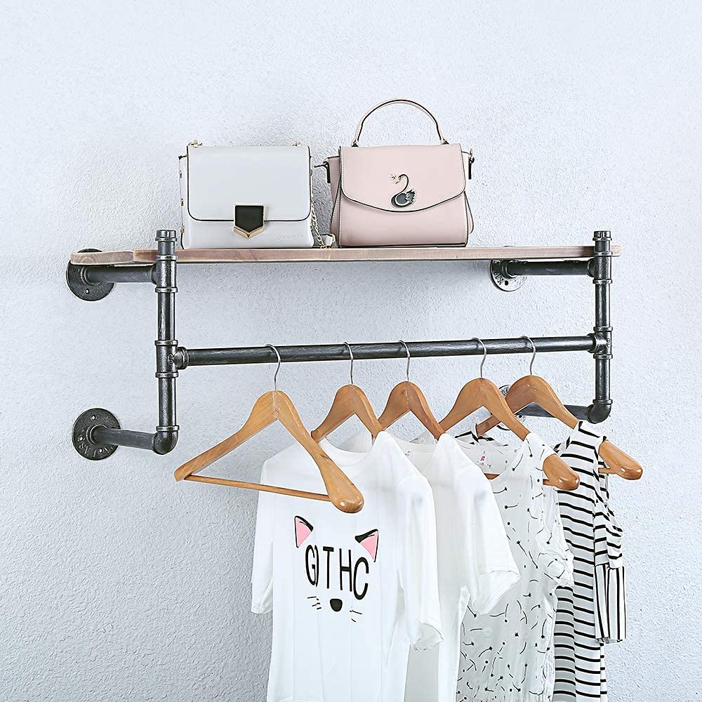 WJJ Industrial Pipe Clothing Rack Wall Mounted with Real Wood Shelf,Pipe Shelving Floating Shelves Wall Shelf,Rustic Retail Garment Rack Display Rack, 36in Steam Punk Commercial Clothes Racks