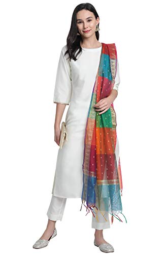 Janasya Indian Women's Off-White Poly Silk Kurta With Pant And Dupatta(SET268-KR-NP-L)