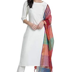 Janasya Indian Women's Off-White Poly Silk Kurta With Pant And Dupatta(SET268-KR-NP-L)